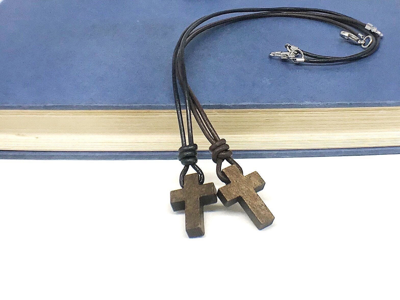 Vintage Wood Cross Adjustable Leather Necklace Brown & Black Set