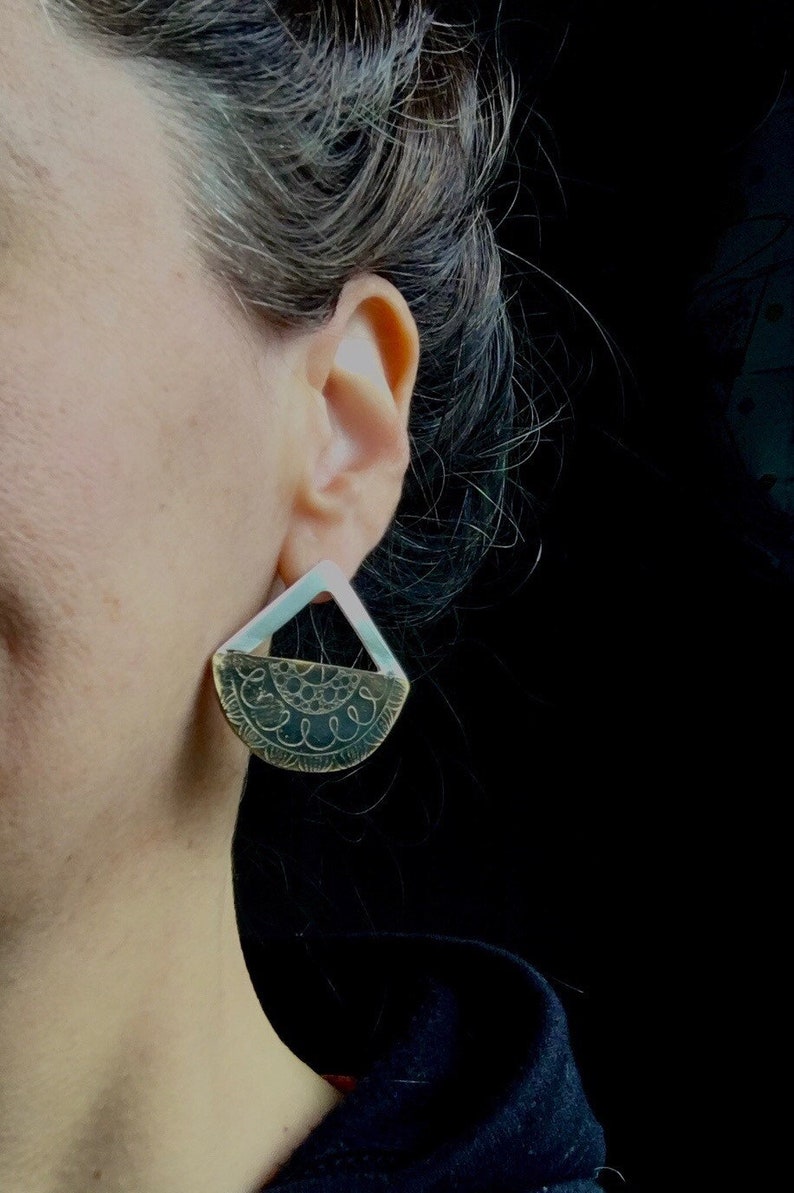 Etched Brass and Sterling Silver earrings