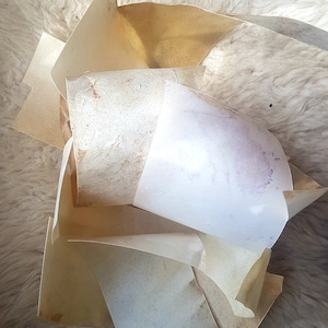 May include: A pile of off-white and beige paper scraps with a few brown stains.