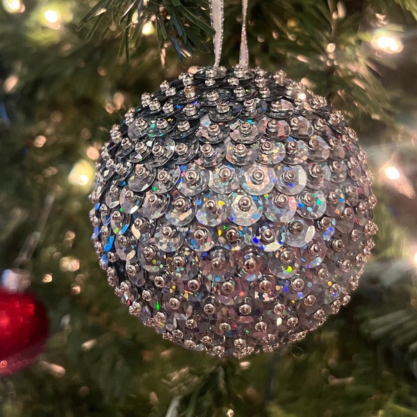 Silver Holographic Sequin and Beads Christmas Ornament (Available in 3" and 2.5" and 2")