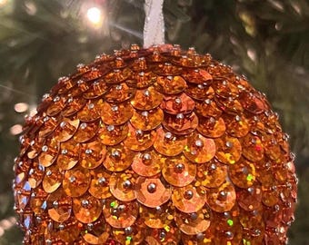 Orange Holographic Sequin Christmas Ornament with Beads