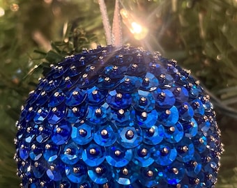 Blue Holographic Sequin Christmas Ornament with Beads