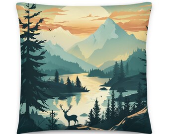 Basic Pillow-Nature's Haven Basic Pillow | Forest and Mountain Illustration Cushion