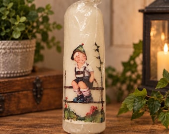 Vintage M.J. Hummel Pillar Candle, Boy on Fence, West Germany, Wrapped Collectible Cottage Decor