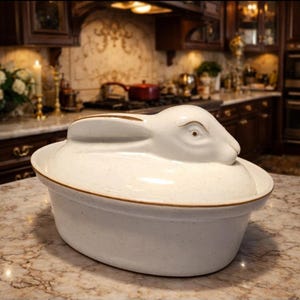 Op de afbeelding: Een witte keramische ovenschaal met deksel, voorzien van een gebeeldhouwde konijnenfiguur op het deksel. De basis en het deksel hebben een gespikkelde afwerking met een dunne bruine rand langs de randen. Het konijn heeft gedetailleerde kenmerken.