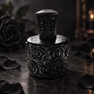 Black Rose Oil Diffuser Gothic Decorative Glossy Porcelain Bottle with Ornate Top Roses - Large 5.5" tall by 4" wide