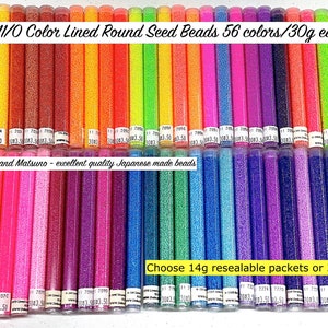 Conjunto de miçangas redondas forradas em cores japonesas 11/0, pacotes de 14g de 56 cores ou tubos de 30g.