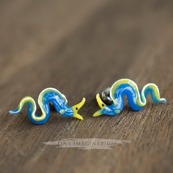 Blue ribbon eel stud earrings, sea life, animal art, resin accessories, scuba diver gift, marine biology, nautical, fish, ocean, beach lover