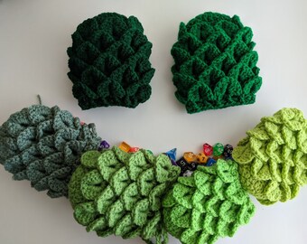 Bolsa de dados de escamas de dragón verdes de ganchillo, bolsa con cordón hecha a mano