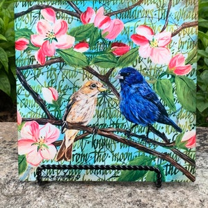 Metal Print: Garden art - &quot;Indigo Bunting - Mating Pair&quot; 8&quot;x8&quot;