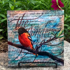 Metal Print: Garden or indoor art. 8x8&quot; &quot;Baltimore Oriole&quot; created from an original painting by Elaine M. Grohman.