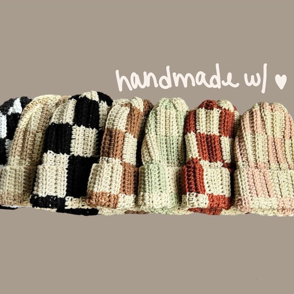 Checkered Crochet Beanie (Physical Item)