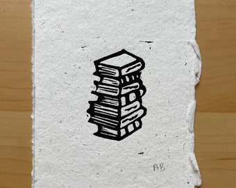 Mini Stapel Bücher Linoldruck | Buch-Liebhaber Geschenk | Leser