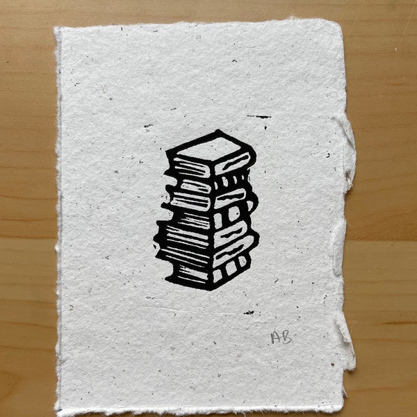 Mini Stack of Books Linoleum Print | Book Lovers Gift | Reader