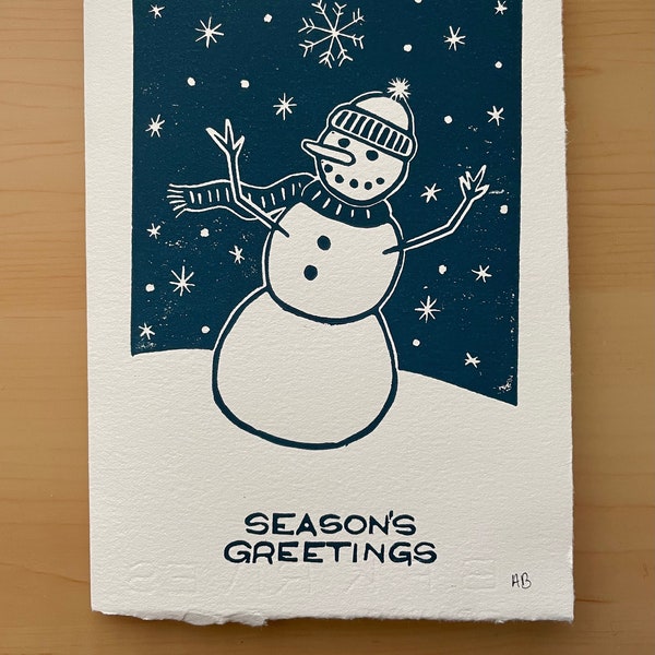 Snowman Greeting Card | Season's Greetings Holiday Card | Christmas Linoleum Print