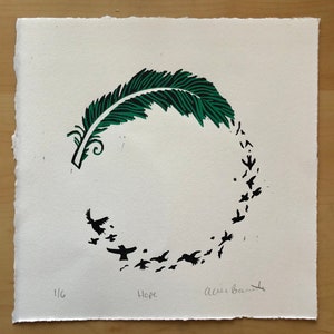 Hope | Linoleum Block Print | Reduction Print | Feather transformation