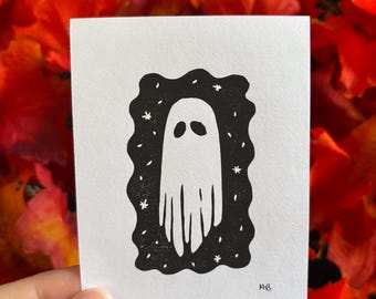 Impresión en linóleo de mini fantasmas / Impresión artística espeluznante / Decoración de Halloween