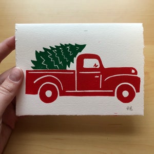 Red Truck Christmas Tree Linoleum Print, Christmas Card