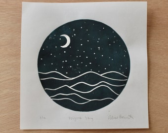 Night Sky Linoleum Print