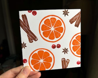 Tarjeta de felicitación navideña / Tarjeta navideña con especias navideñas / Impresión en linóleo
