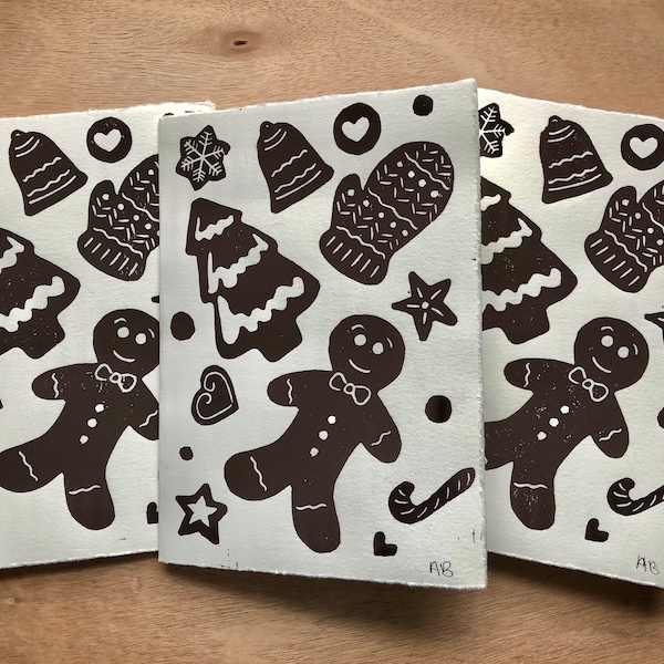 Handmade Linocut Gingerbread Christmas Cards, Linoleum Print