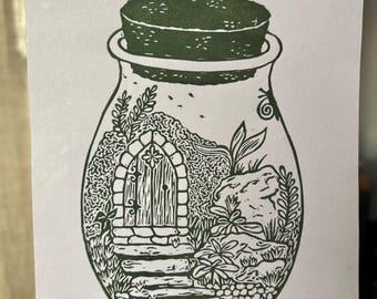 Terrarium Block Print | Fantasy Whimsical Fairy House Art | Fairy Door | Linoleum print | Linocut