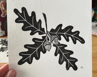 Impressão em bloco de folha de carvalho e bolota | Arte da natureza | Impressão em linóleo | Linogravura