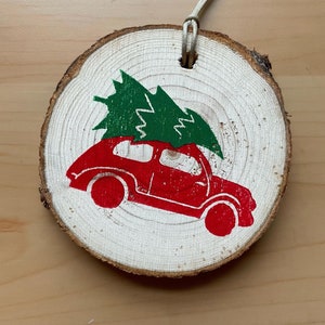 Linocut Wood Slice Christmas Ornament | Red Beatle Car and Christmas Tree | Red Car and Tree Ornament