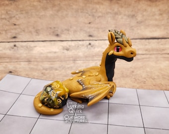 Muted Yellow and Black Dragon with Removable D20 Dice