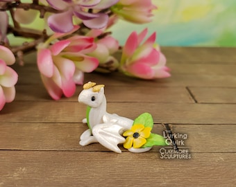 Mini White Polymer Clay Dragon With Yellow Flower