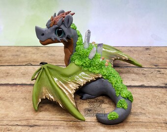 Large Mossy Earth Dragon Polymer Clay Sculpture
