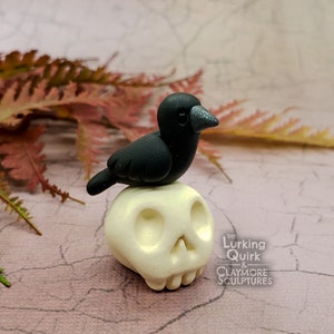 Mini Polymer Clay Crow Sitting on a Skull