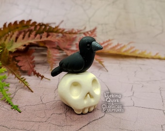 Mini Polymer Clay Crow Sitting on a Skull