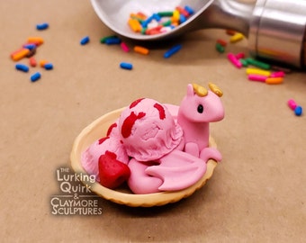 Strawberry Ice Cream Dragon- Polymer Clay Sculpture