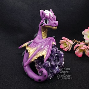 Large Purple Dragon on Amethyst Chunk- Polymer Clay Sculpture