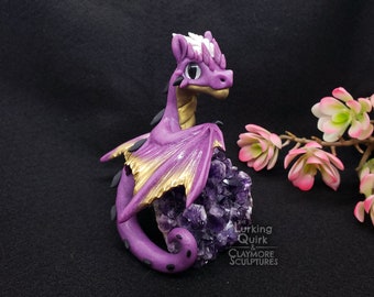 Large Purple Dragon on Amethyst Chunk- Polymer Clay Sculpture