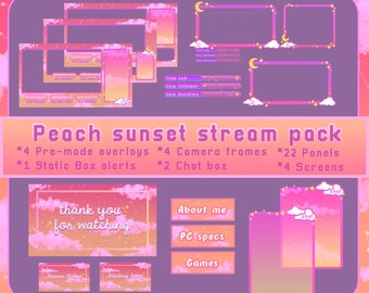 May include: Peach sunset themed Twitch stream overlay pack with 4 pre-made overlays, 4 camera frames, 22 panels, 2 chat boxes, 4 screens, and 1 static box alert. The overlays feature a pink and orange gradient with clouds and stars. The text "thank you for watching" is featured on one of the overlays.
