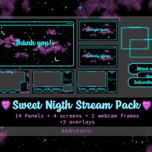 May include: A set of 14 neon-colored Twitch stream overlays with a starry night sky theme. The overlays include panels for chat, about me, donate, subscribe, be right back, currently offline, and a thank you message. The overlays are designed for use with Twitch streaming software.