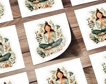 Yoga Meditation Sticker, Floral Meditation Art, Relaxation Yoga Pose, Inspirational Sticker, Spiritual Sticker for Laptops