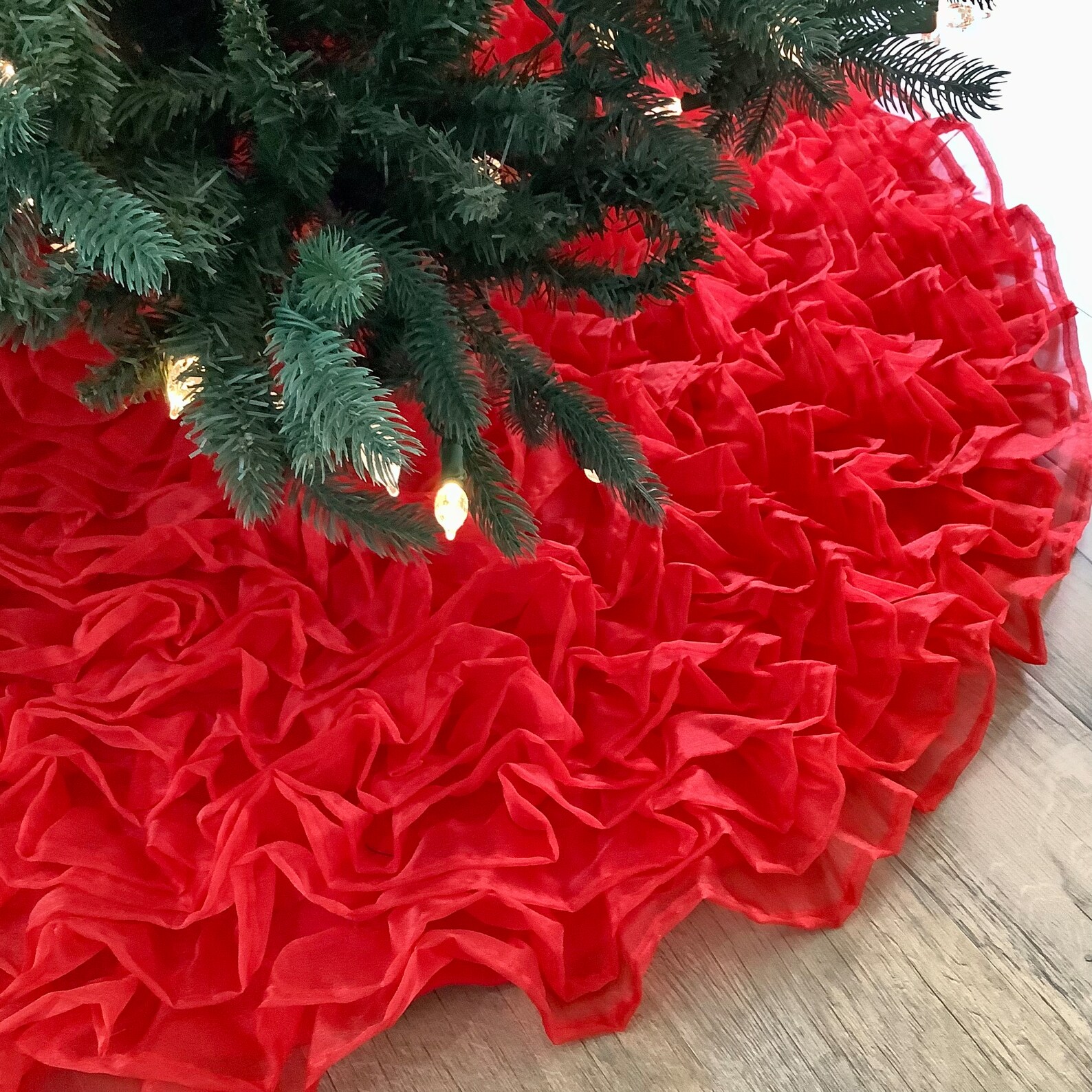 Red Ruffled Christmas Tree Skirt With Shimmer Flouncy Holiday Etsy