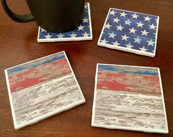 Man Cave Gift for Him Flag Coasters Veteran Gift Rustic Flag Coasters for 4th of July Party Gift for Men