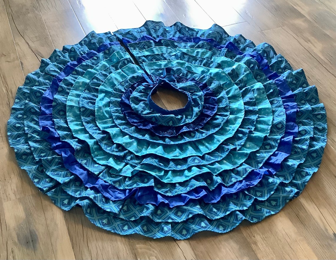 Turquoise Blue Ruffled Christmas Tree Skirt Bright Blue Etsy