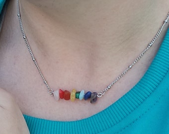PRIDE Rainbow Chakra Necklace (Natural Rose Quartz-Coral-Carnelian-Lemon Quartz-Malachite-Blue Agate-Lapis Lazuli-Amethyst-Obsidian)