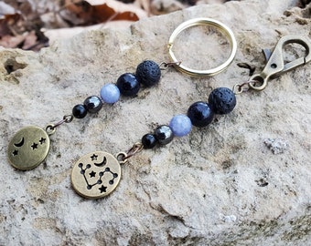 Aromatherapy Astrology Zodiac Signs Charm/Keychain (Natural Lava Stone, Blue Goldstone, Angelite, Hematite & Black Obsidian) - Bouquet Clip