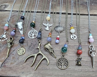 Custom Adult Fidget Necklace (Stag Antler, Raven Skull, Tree, Rabbit, Angel, Shell, Footprints, Sun Cloud, Zodiac & Natural Stone Triad)