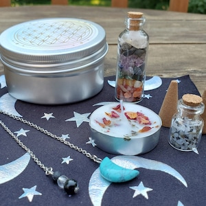 Travel Crystal Grid & Pendulum Kit (w/ mini Altar Cloth, 2 Boards/Grids, Moon Pendulum, Natural Stone Chips, Black Salt, Tea Light, Incense)