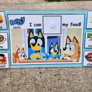 Gráfico de terapia de interação alimentar Bluey - crianças, pré-escola, pré-escolar e infantil, quadro de escolhas, auxílio visual, autismo, TEA, comedor exigente, fala, degustação