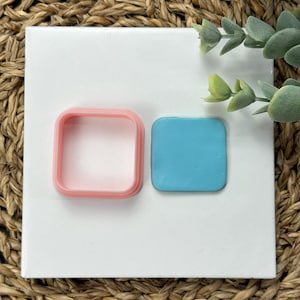 May include: Two square-shaped cookie cutters, one pink and one blue, on a white surface.
