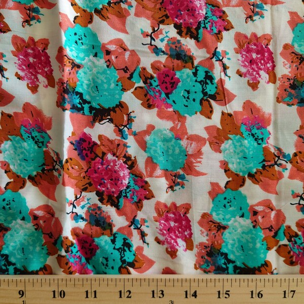 LAST STOCK Teal/pink floral rayon challis fabric. Lightweight, silky fabric for blouses, dresses, skirts, and scarfs.