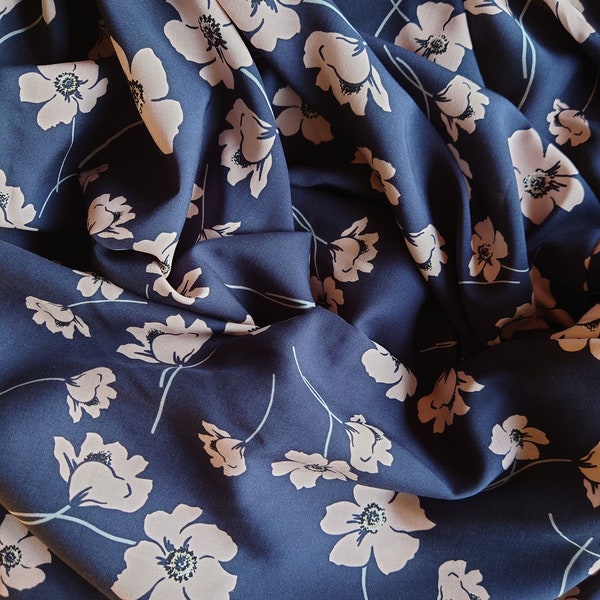 Pink/navy floral rayon voile challis fabric. Lightweight summer blouses, dress, skirt, chunni, scarf. Sold by the 1/2 yard